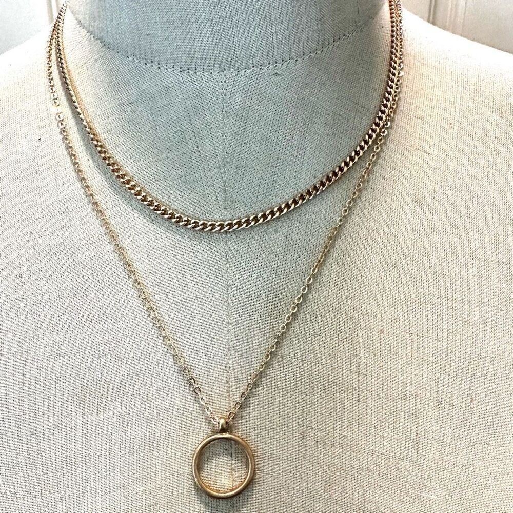 Gold tone double chain necklace circle pendant